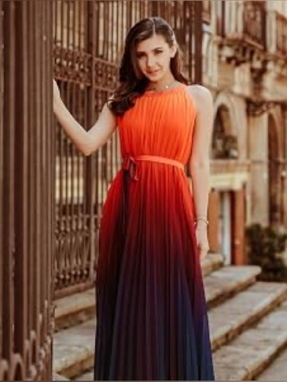 Sunset Ombré Pleated Maxi Dress